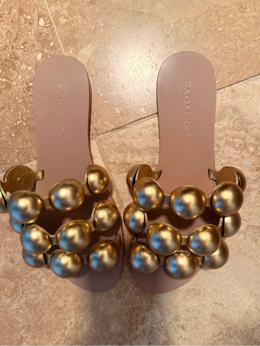 Farm Rio Gold Beaded Slide Sandals - Women's embellished leather size 6 36